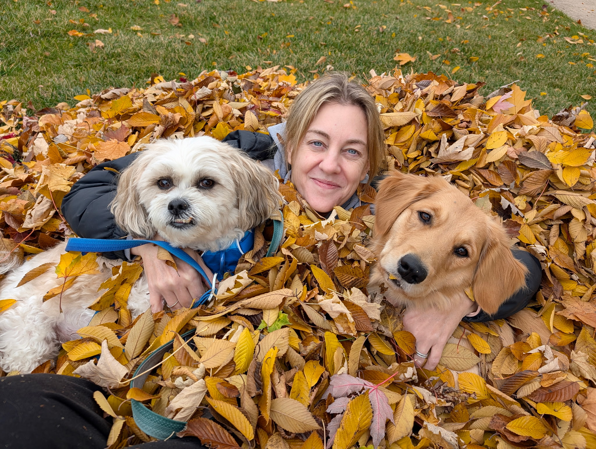 Mindy with both dogs Payton and Gracie in autumn leaves